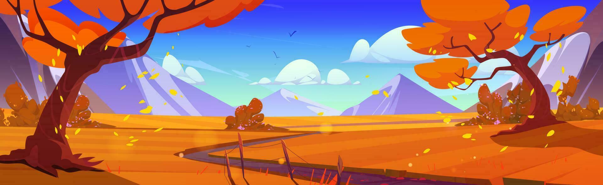 Vector autumn mountain forest landscape with path