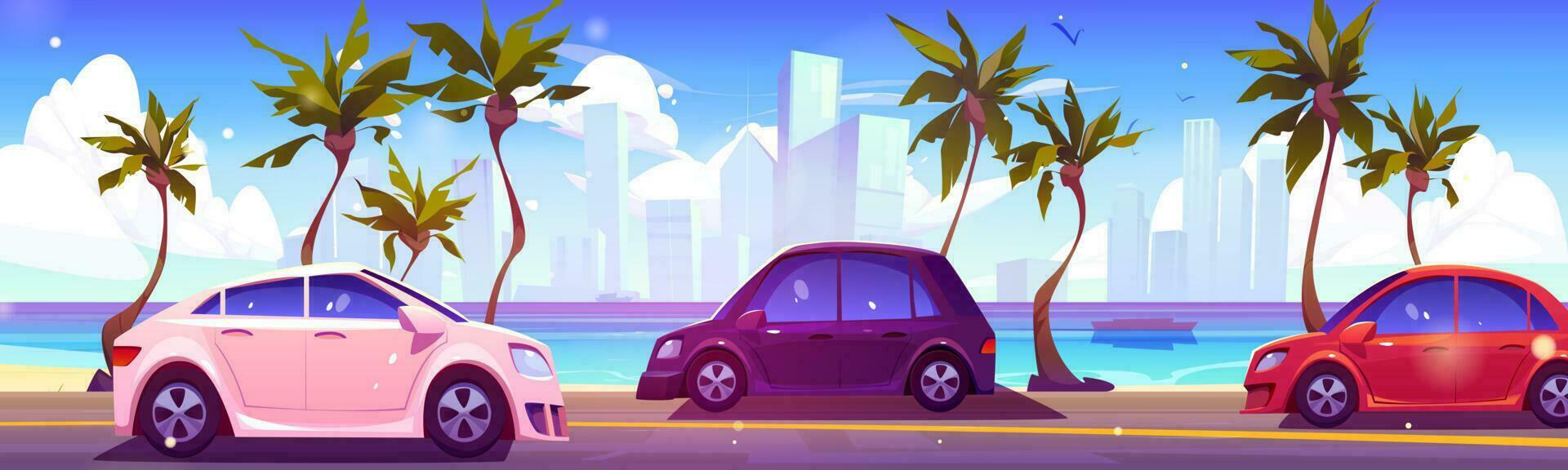 Car drive on road near sea with skyscrapper view vector
