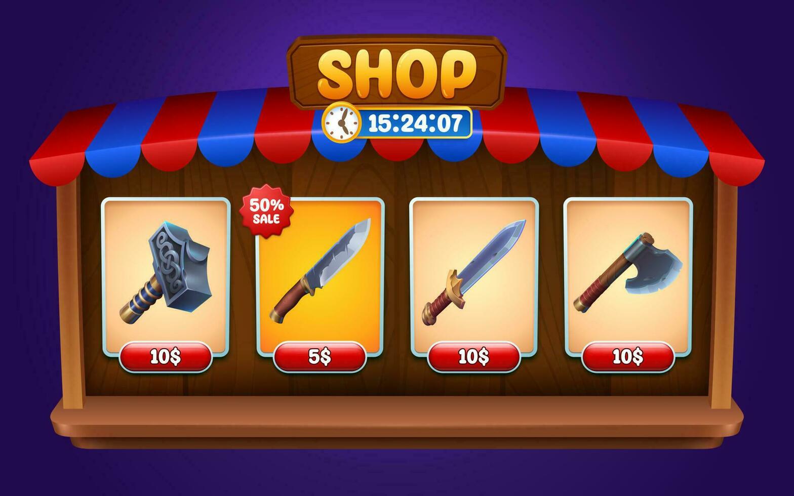 ui juego Tienda marco con arma icono y botón vector