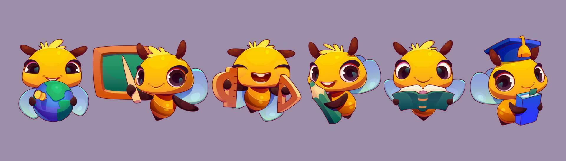 Cute bee school happy mascot with book and pencil vector