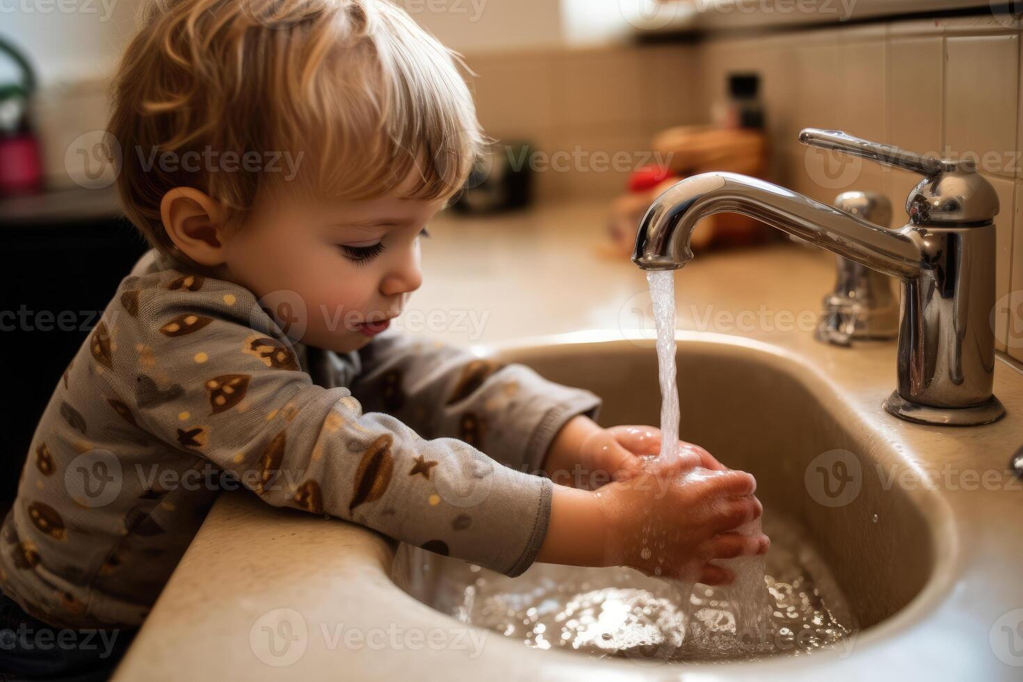 Child washing hands in sink. photo