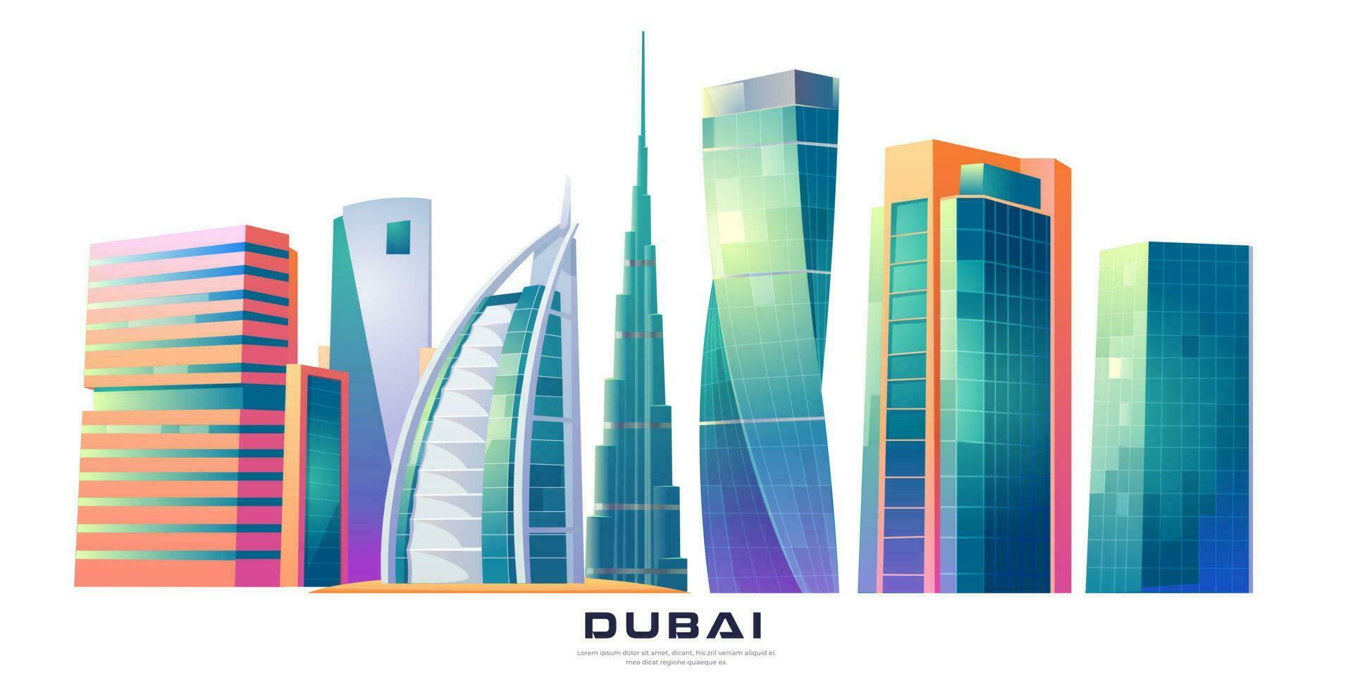 Dubái, uae horizonte con mundo famoso edificios vector