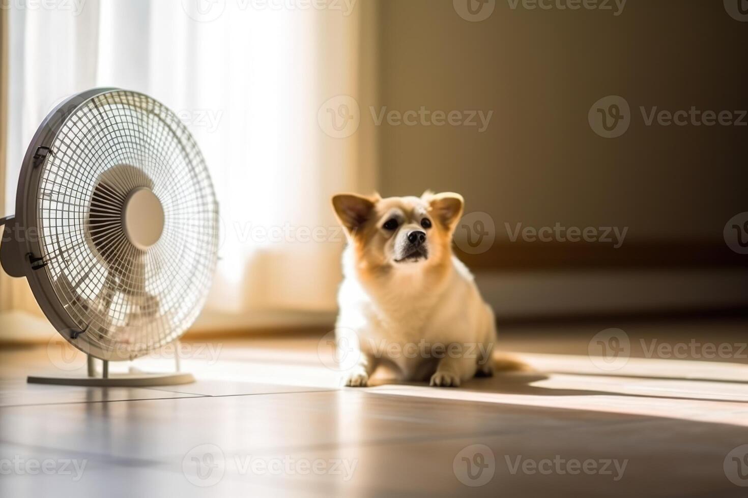 Cute dog lying on floor at home in hot day cooling under the fan, summer heat. photo