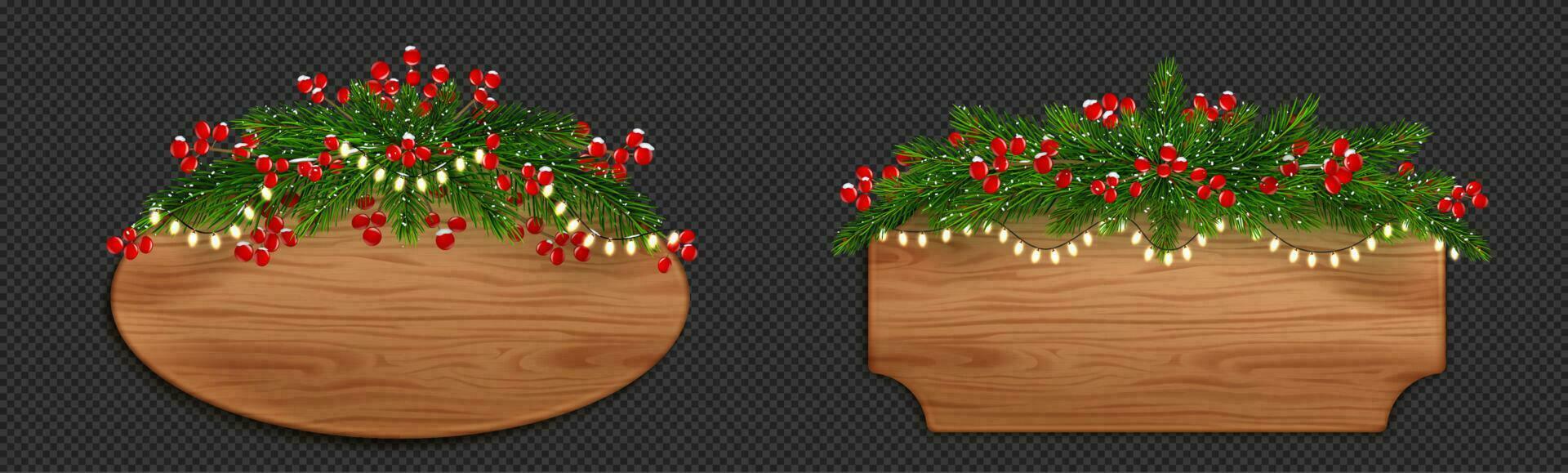 Christmas wood sign board with fir and red berries vector