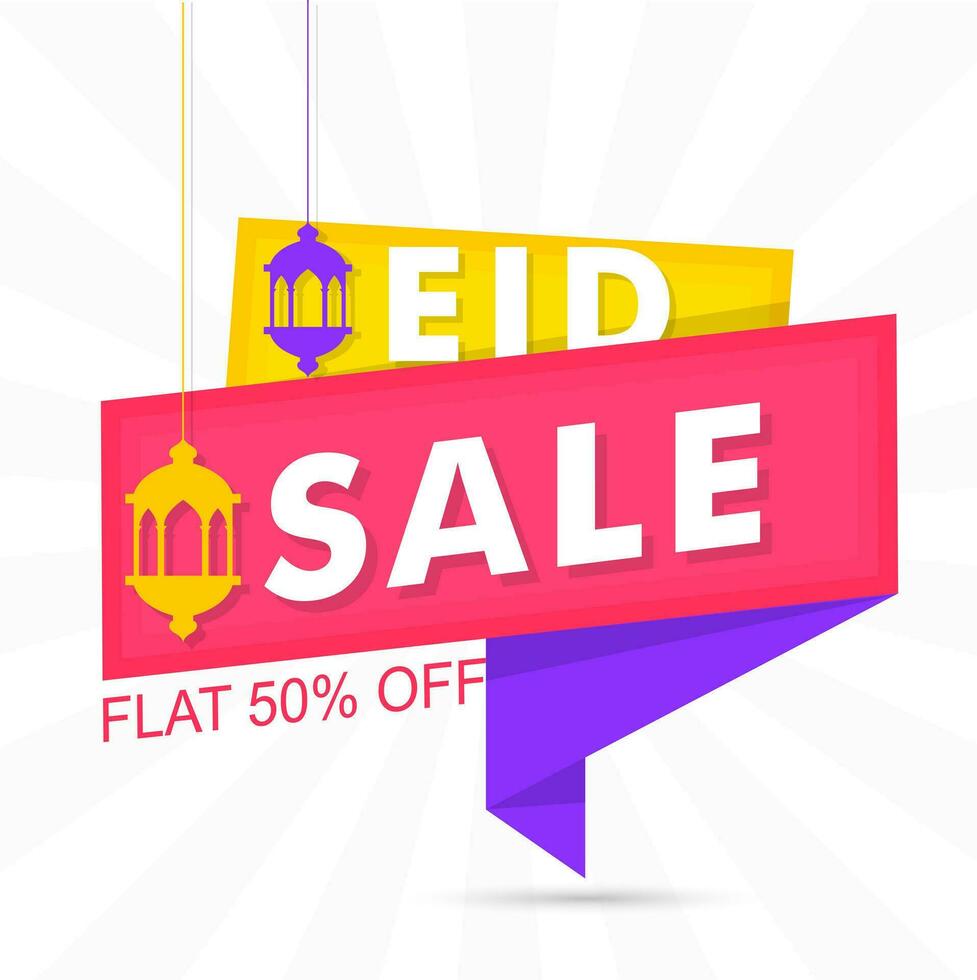 Flat 50percentage off offer for Eid Sale text on ribbon, Banner or poster design. vector