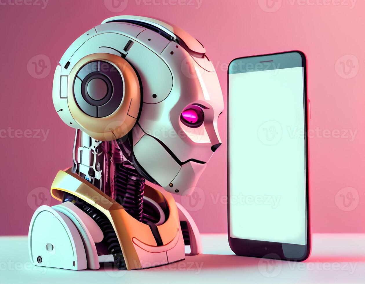 Robot beside the screen of smartphone. Concept of chatbot with artificial intelligence. Head and shoulder portrait of adorable rabbit with eyeglasses, photo