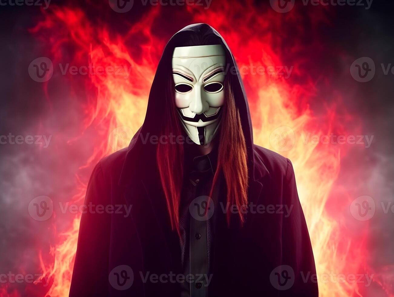 Portrait of anonymous hacker with long hair. image. photo