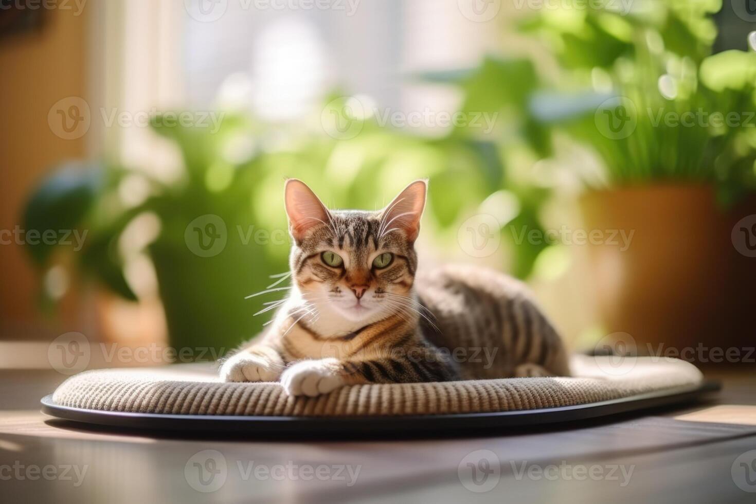 Cute cat lying on soft mat at home, many plants and soft light. photo