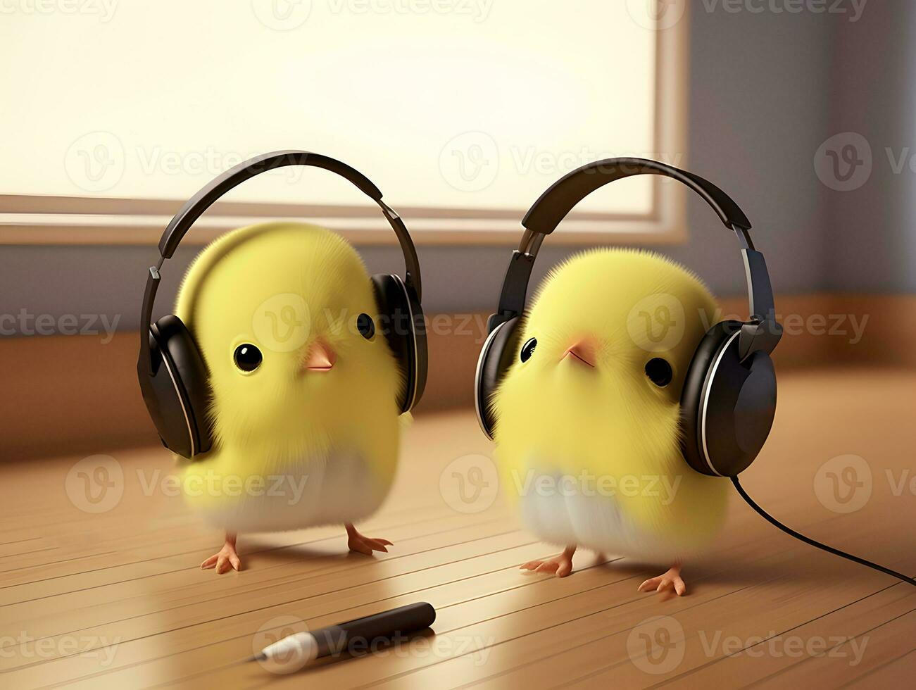 Cute and adorable yellow baby chickens with earphones in head. photo