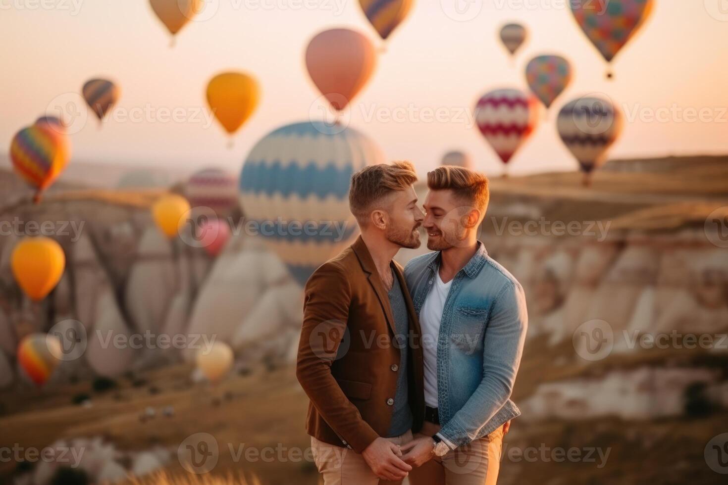 Beautiful couple of unrecognizable people watching Colorful Hot Air Balloons in Flight, photo