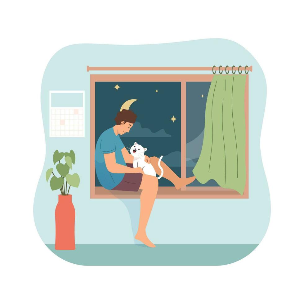 Man sitting with his cat at home vector