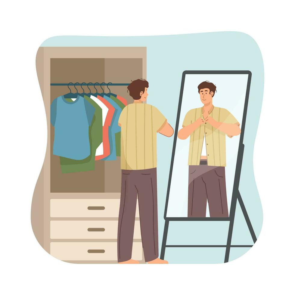 Man wearing clothes while looking in the mirror vector