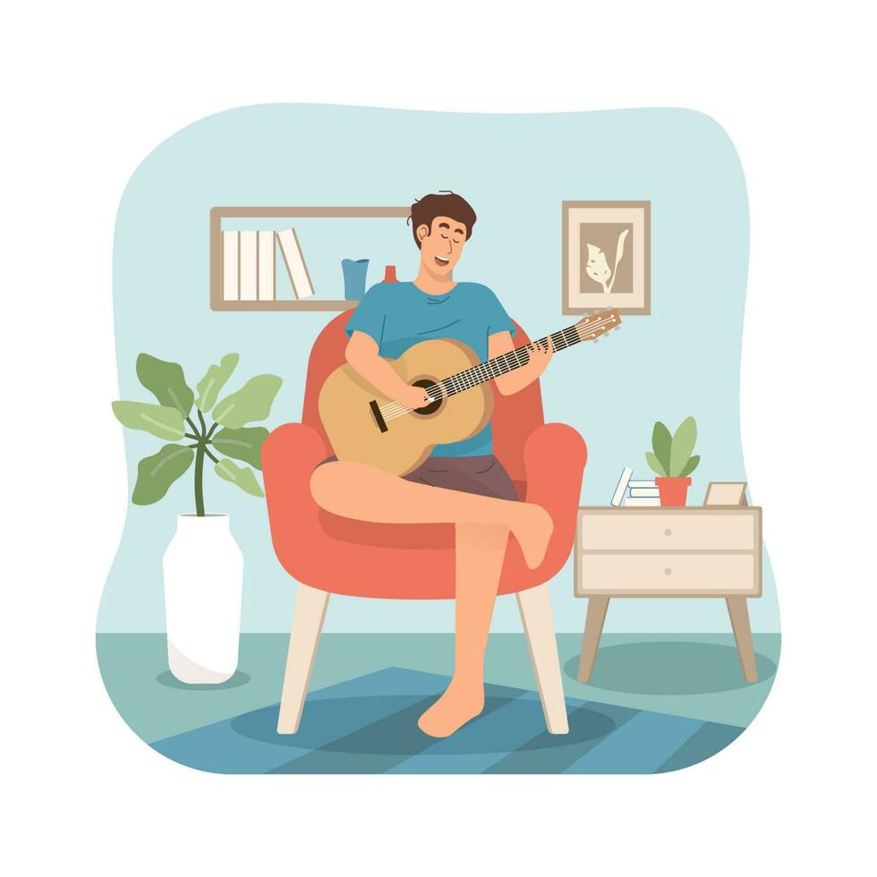 Man playing guitar at home vector