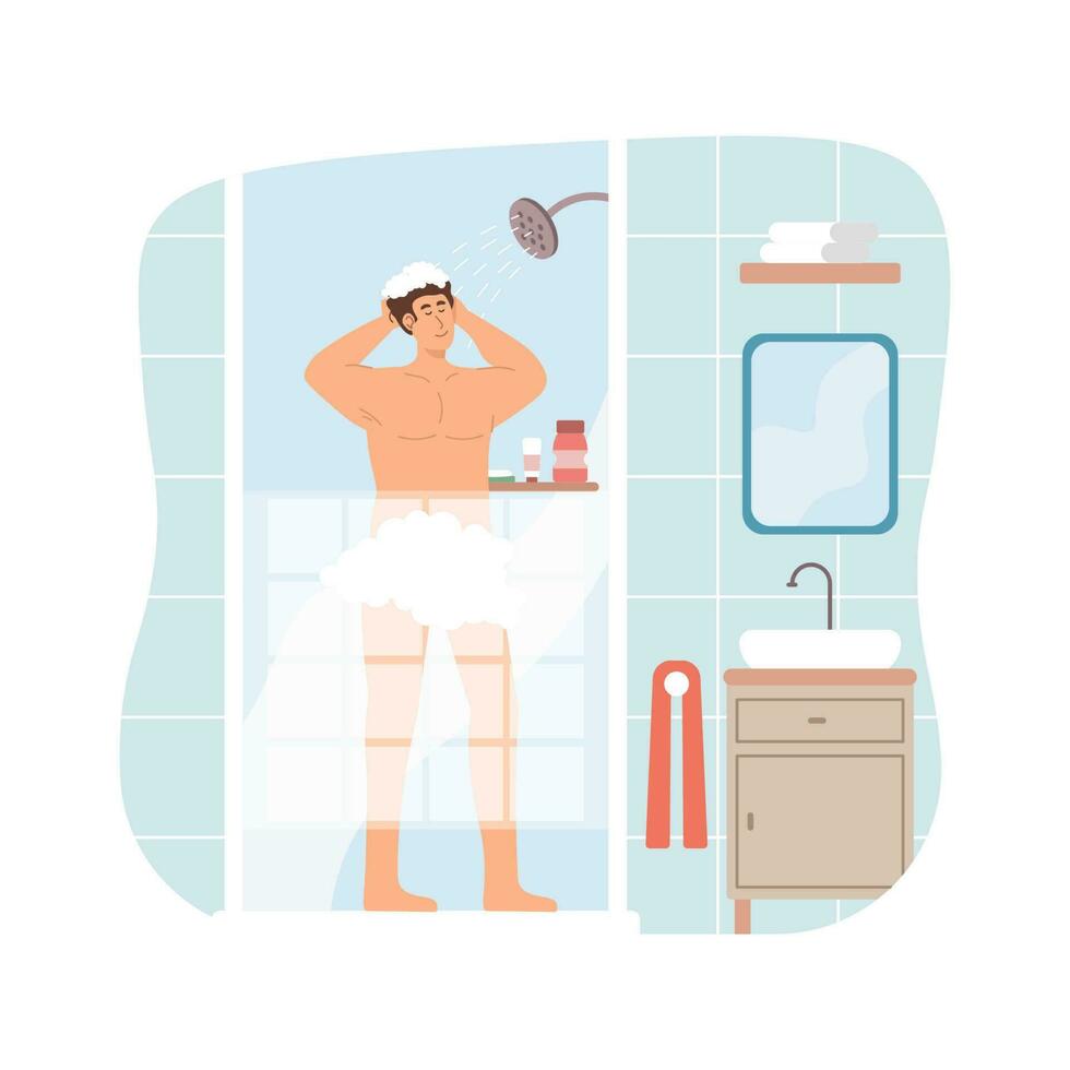 Man taking a shower in the bathroom vector