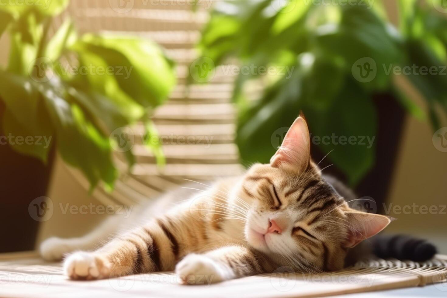 Cute cat lying on soft mat at home, many plants and soft light. photo