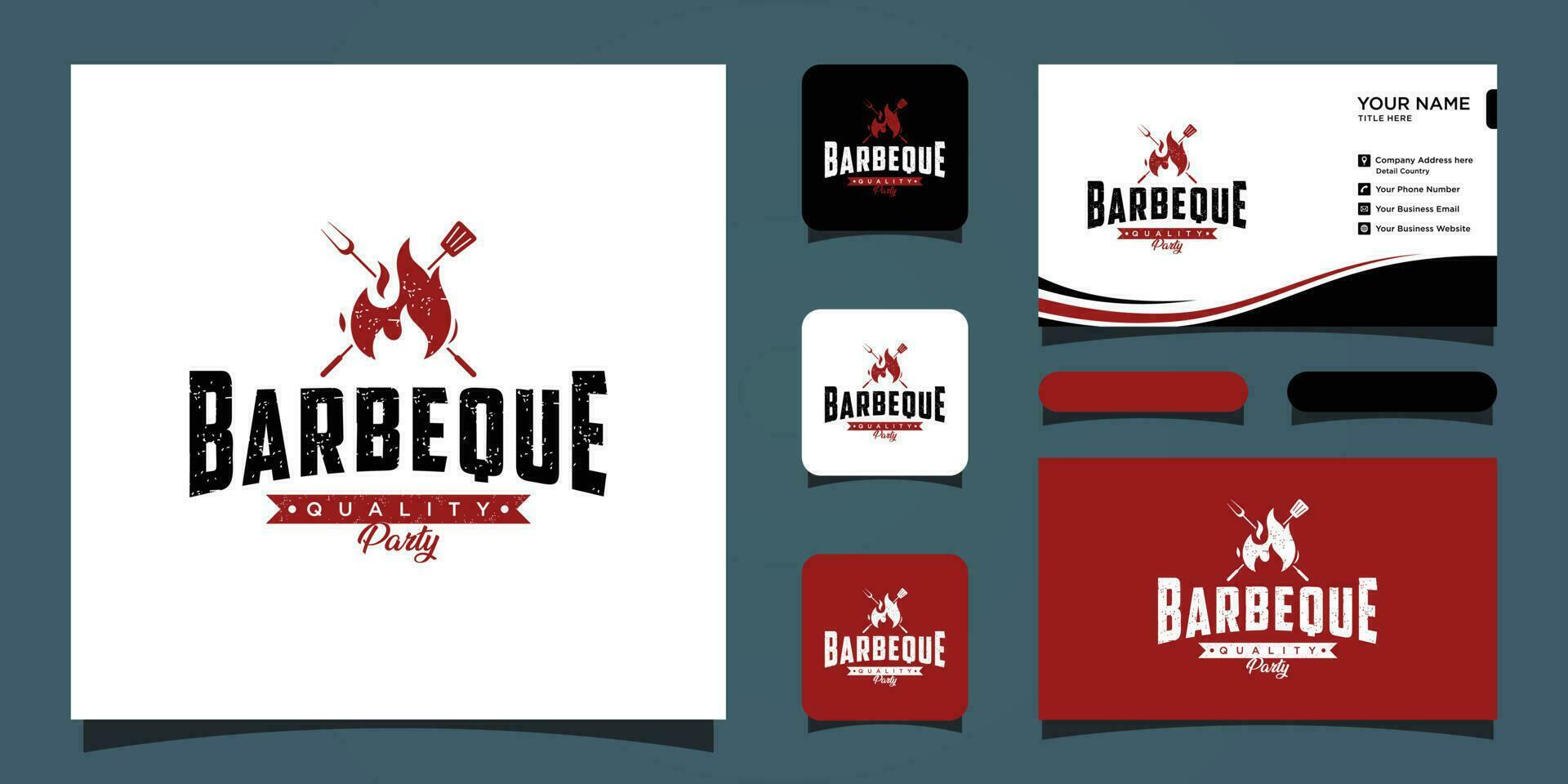 Barbecue grill logo designs vektor with business card template Premium Vector