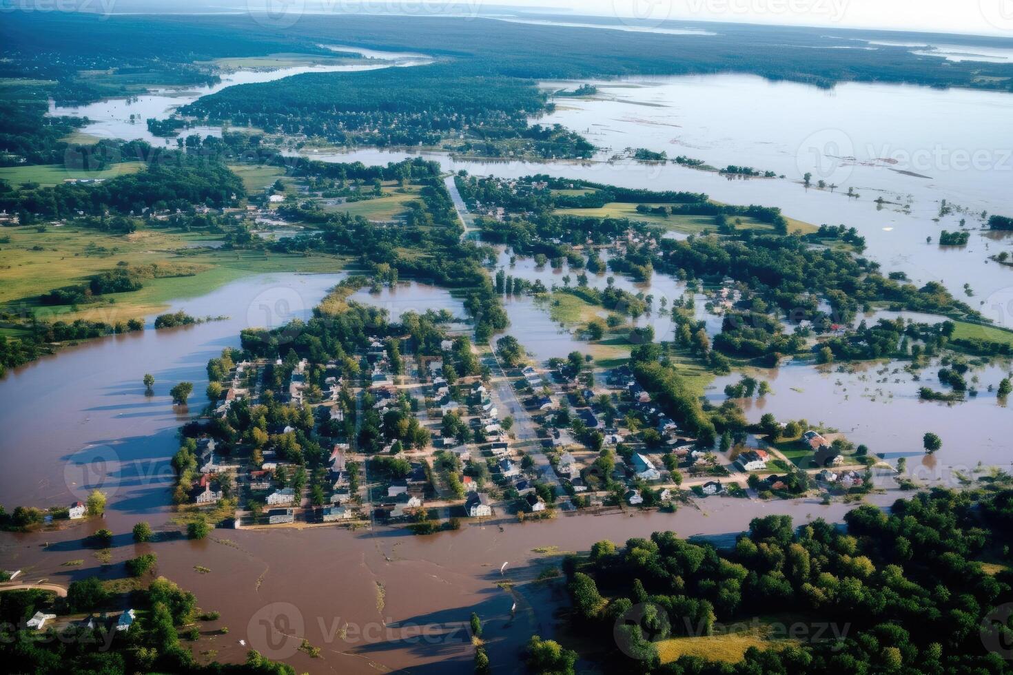 Aerial view of flood in city, photo