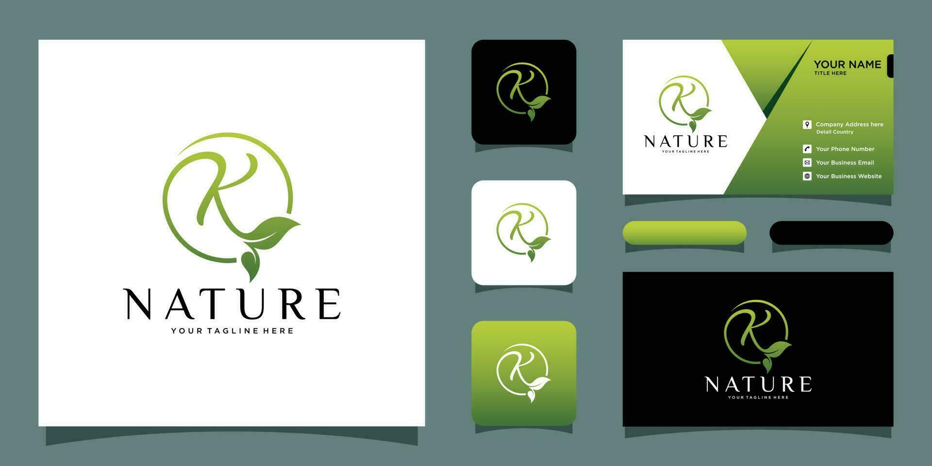 Initial letter K with leaf luxury logo. green leaf logo with business card design Premium Vector