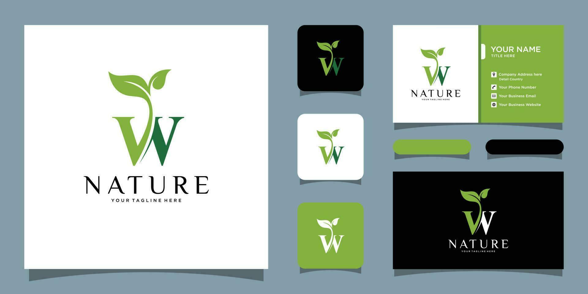 Initial Letter W With Leaf Luxury Logo. Green leaf logo with business card design Premium Vector