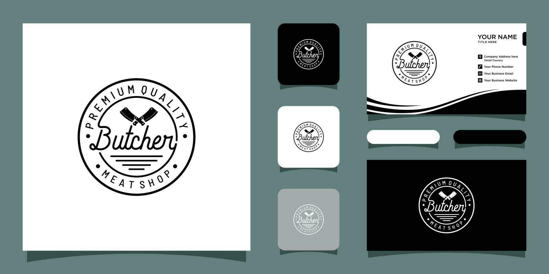 Butcher Shop hand written lettering logo, label, badge with business card design Premium Vector