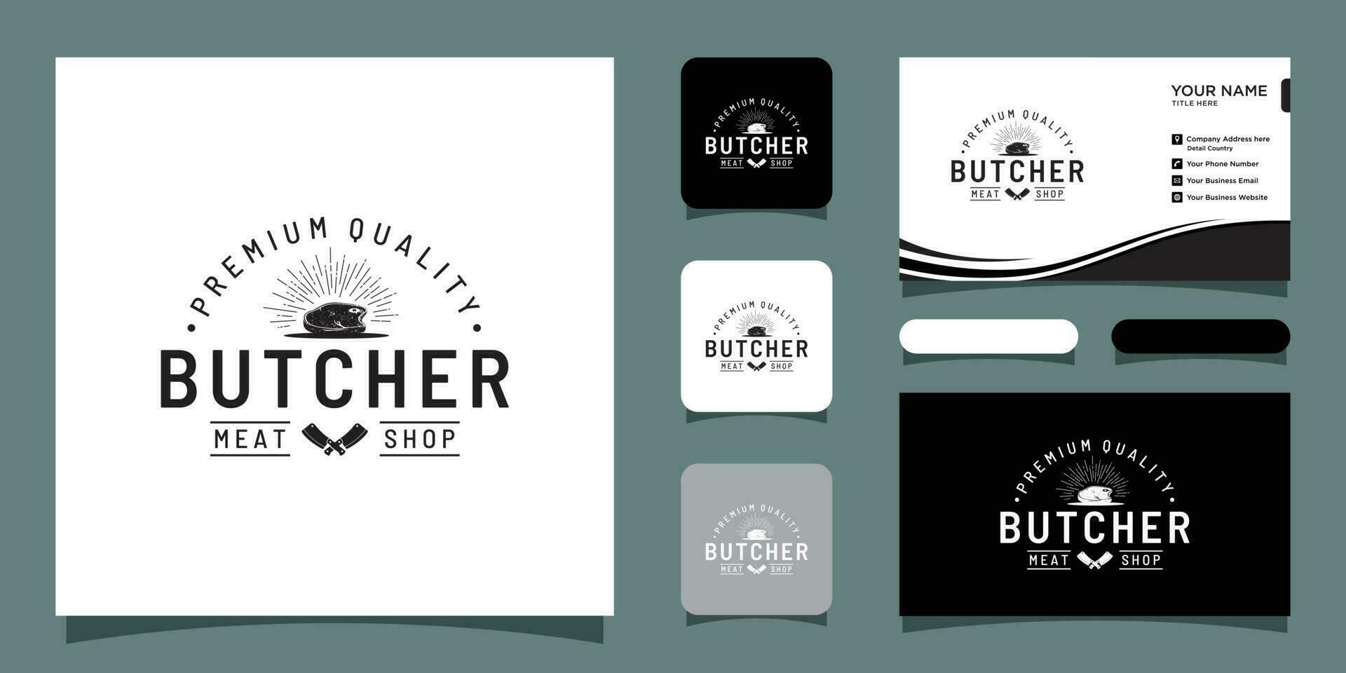 Butcher Shop hand written lettering logo, label, Vintage retro style with business card design Premium Vector