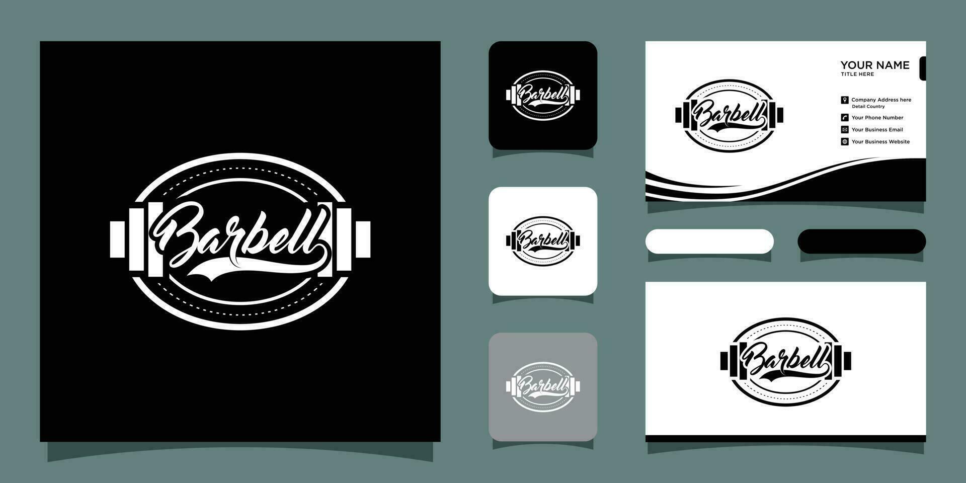 Barbell sport logo, vintage and badge concept with business card design Premium Vector