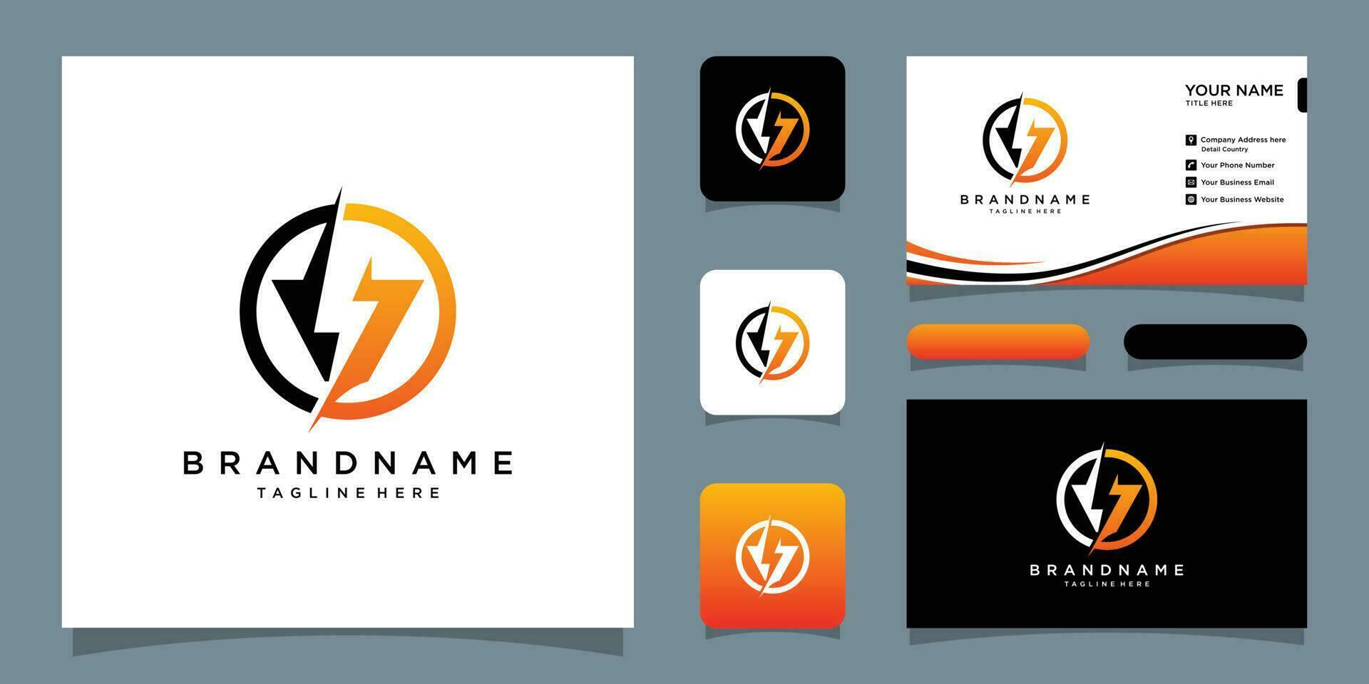 Letter V logo with thunderbolt vector with business card design Premium Vector