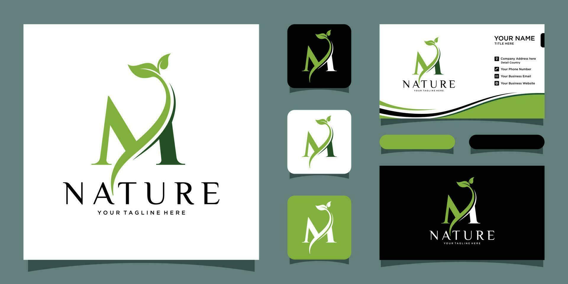 Initial Letter M With Leaf Luxury Logo. Green leaf logo with business card Premium Vector