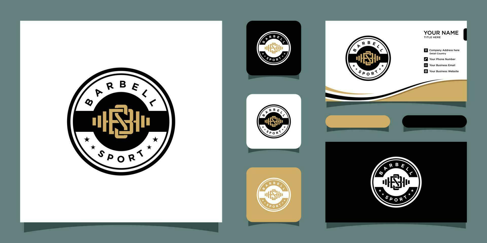 barbell sport logo. vintage and badge concept with business card design Premium Vector