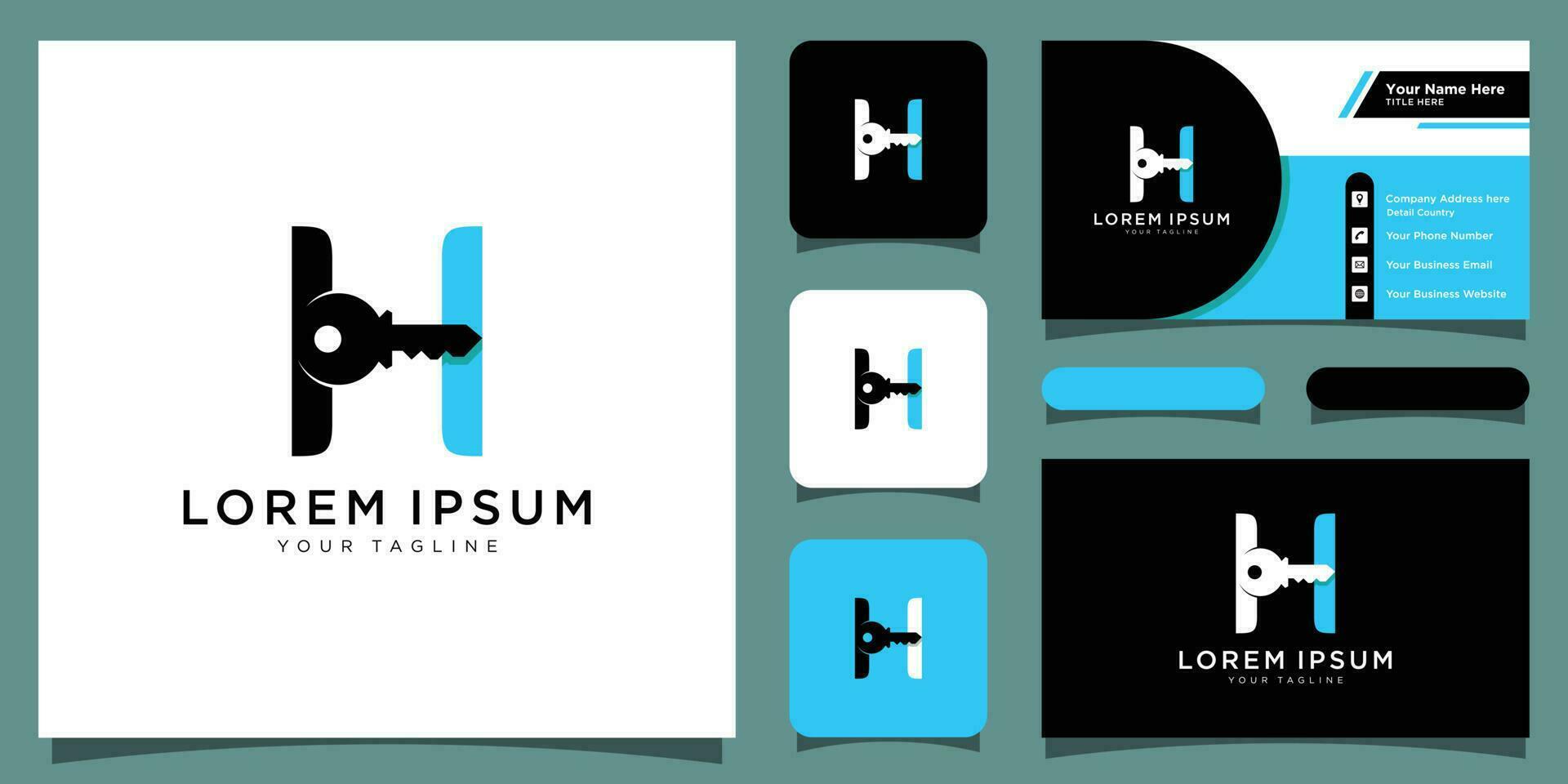 Initial letter H Key logo Concept, Key with Letter H with business card design Premium Vector