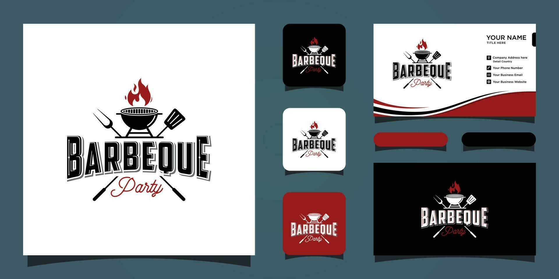 Barbecue grill logo designs vektor with business card template Premium Vector