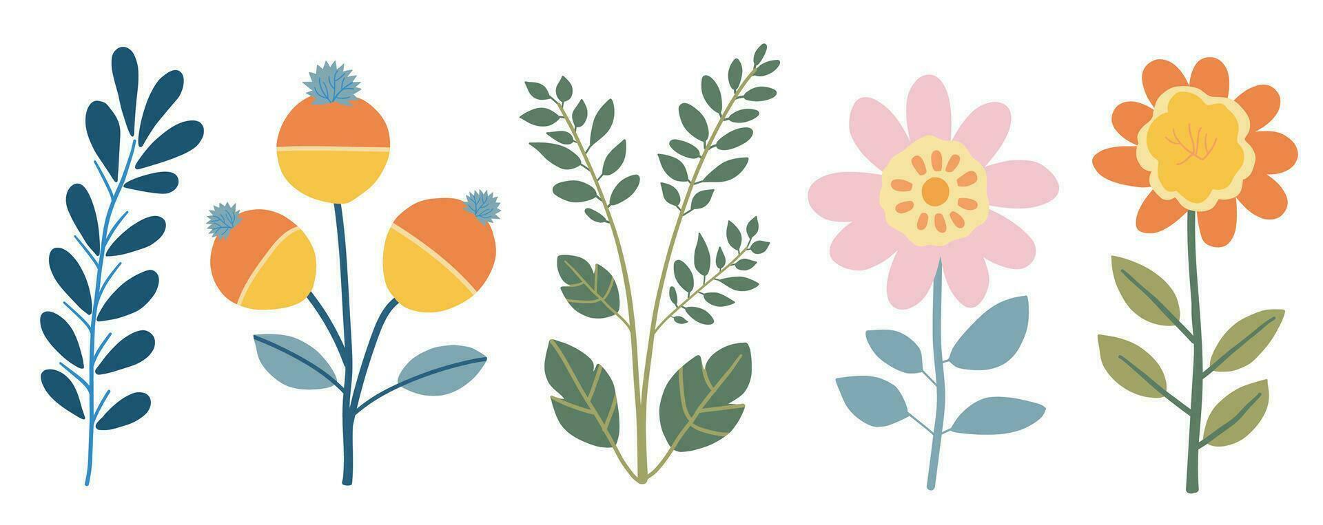 Set of flat flowers isolated on white background, Vector plant doodle illustration, Floral kit