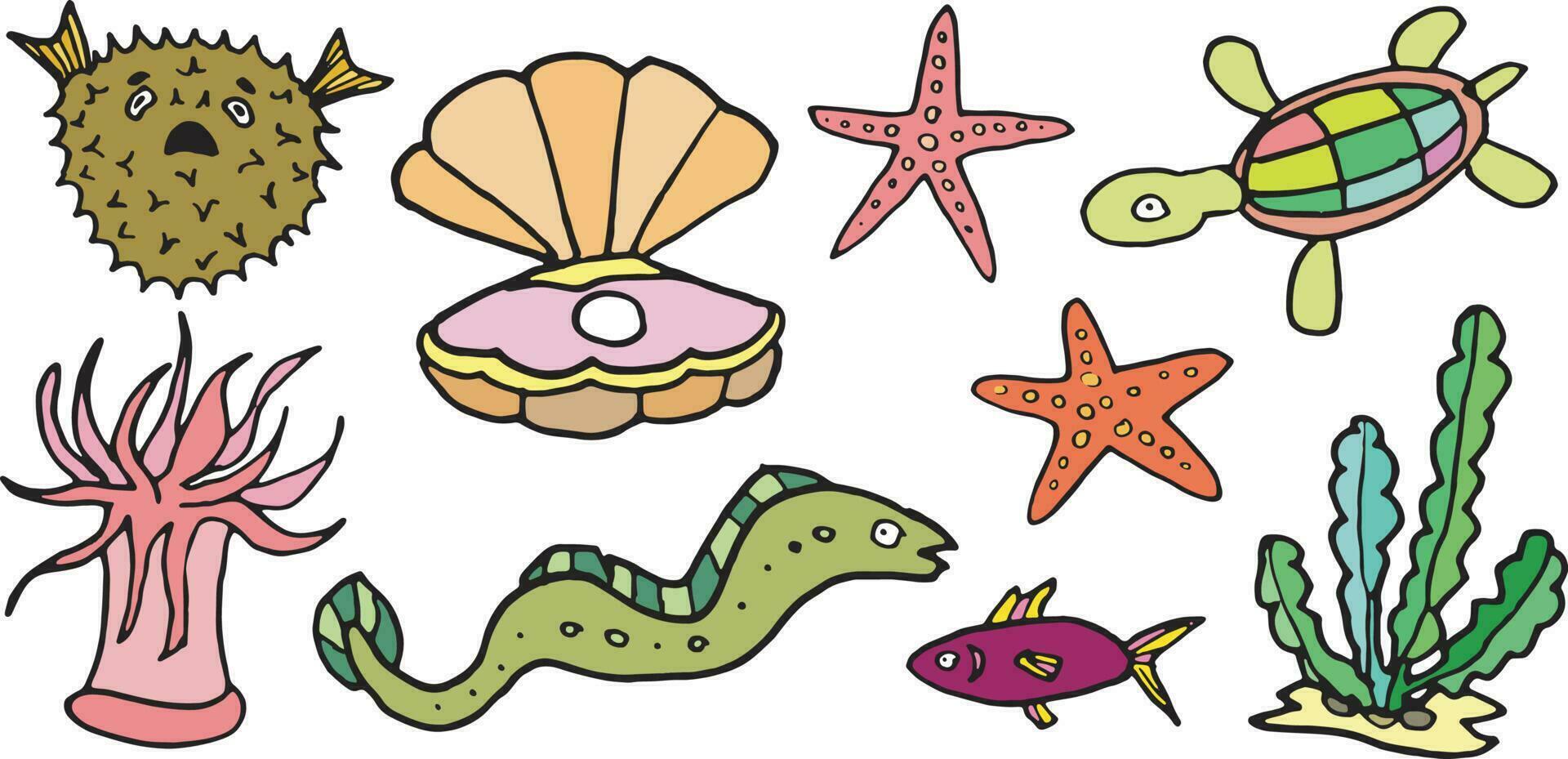 Sea fish creatures cartoon funny marine kids vector set
