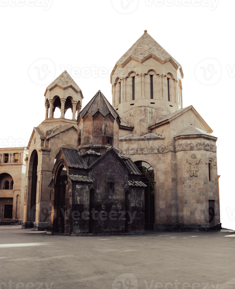 Old church with spires in Yerevan cityscape isolated PNG photo with transparent background.