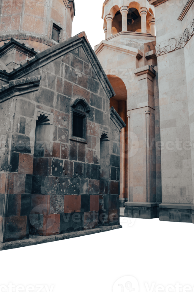 Ancient carved church walls with spires isolated PNG photo with transparent background.