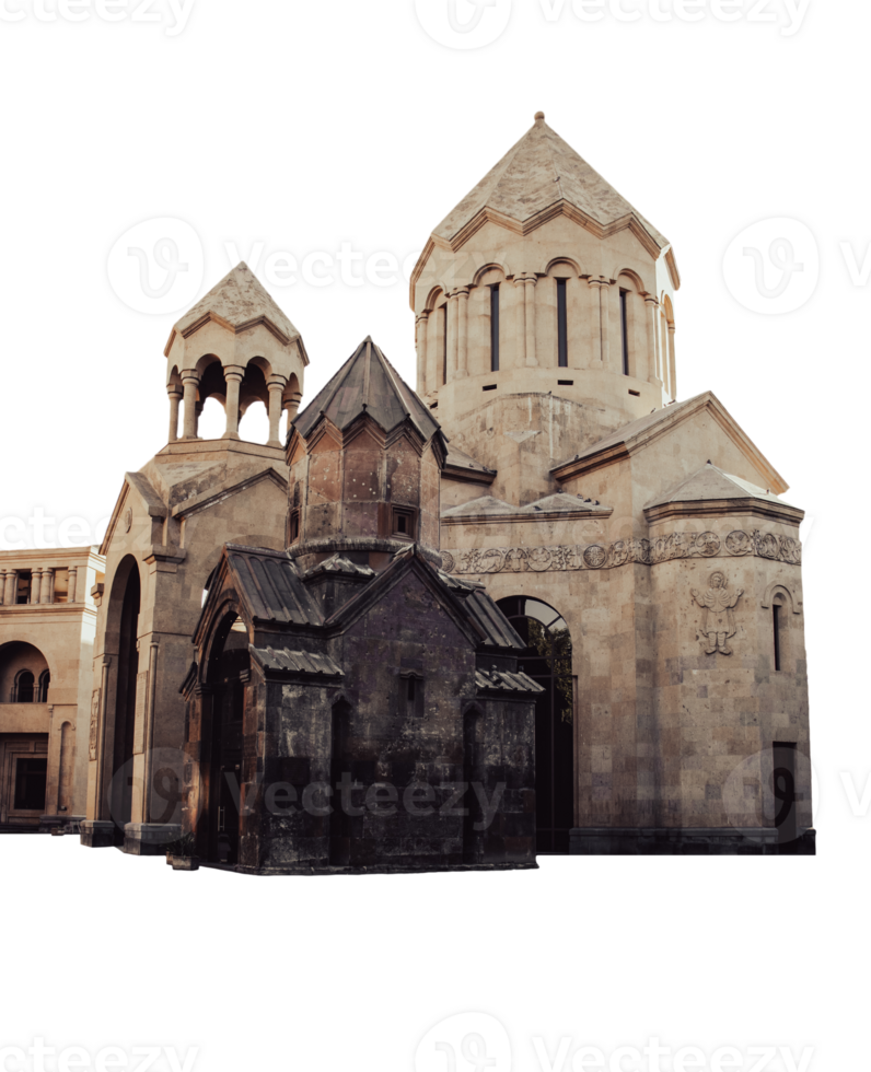 Ancient church with spires in Yerevan cityscape isolated PNG photo with transparent background.