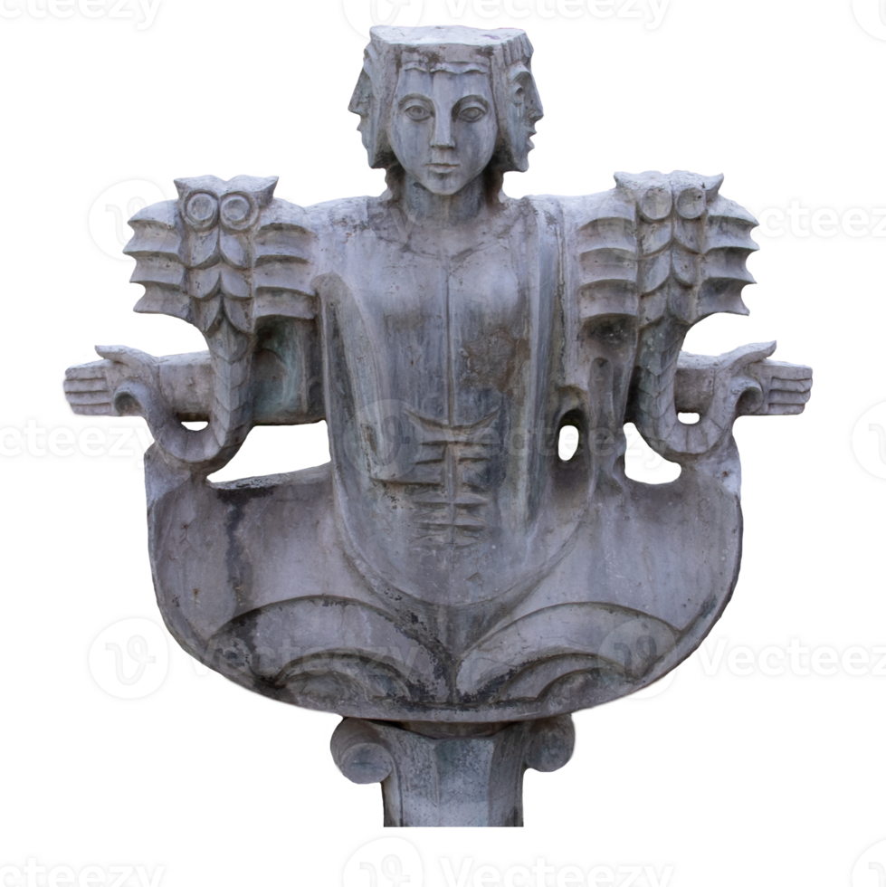 Old fountain stone oriental sculpture isolated PNG photo with transparent background.