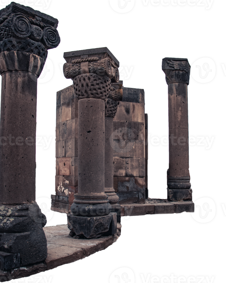 Ancient temple column in Armenia isolated PNG photo with transparent background.