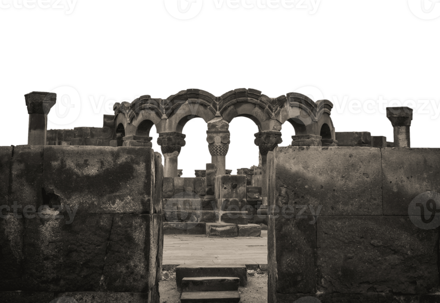 View of ancient column in Zvartnos temple isolated PNG photo with transparent background.