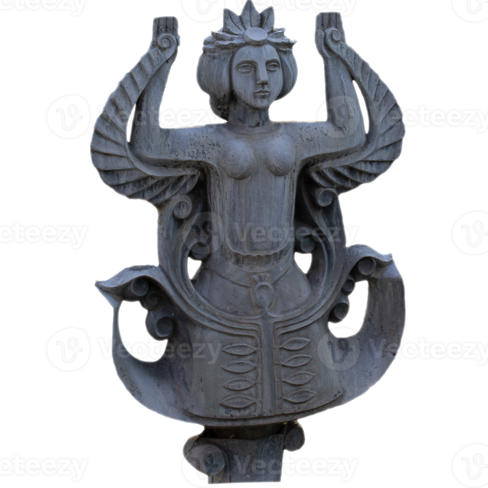 Old fountain stone oriental statue isolated PNG photo with transparent background.