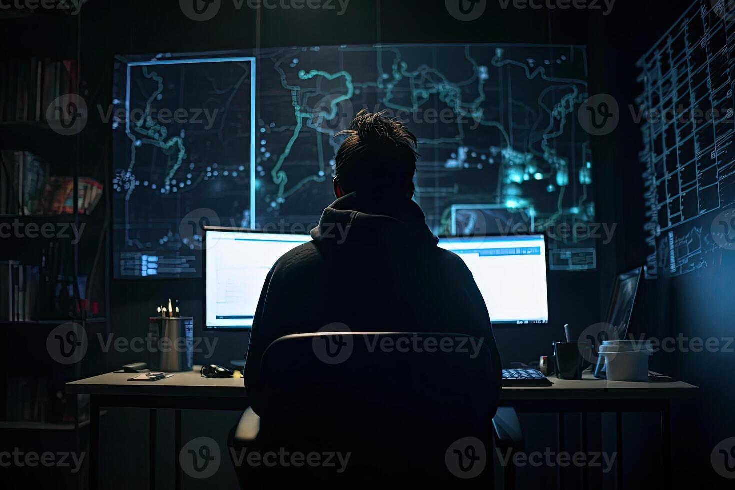 Back view of man in hoodie using computer in dark room. photo