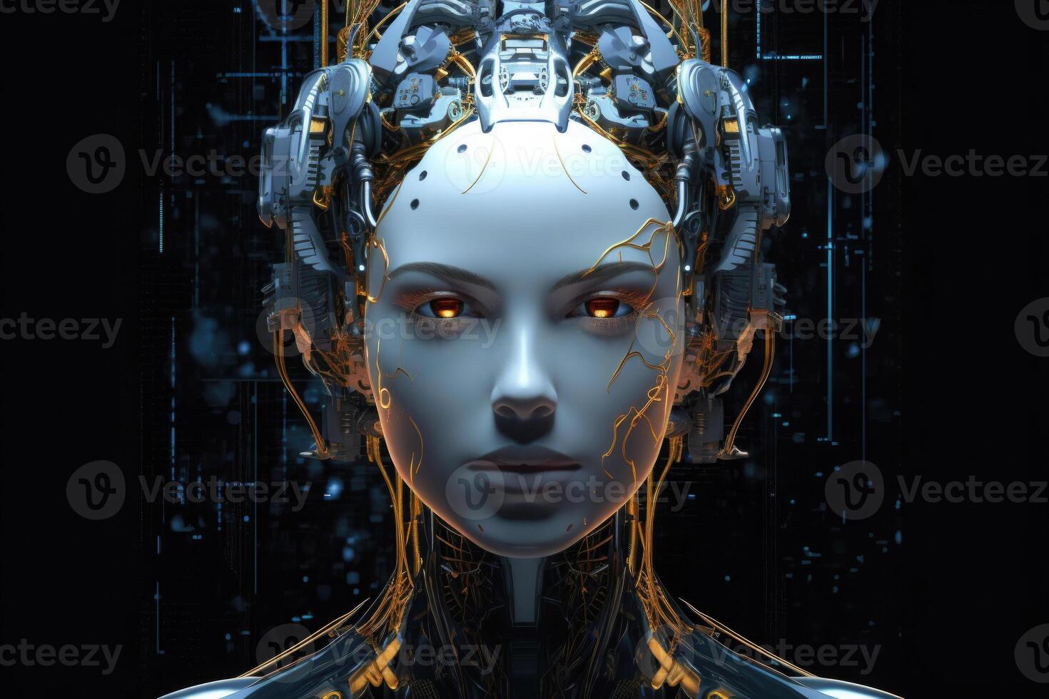 Female robot face on dark background. Artificial intelligence. photo