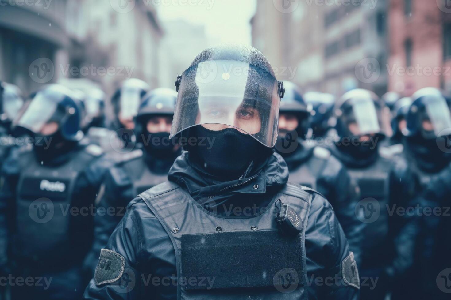 Police squad wearing uniform on the city street. photo