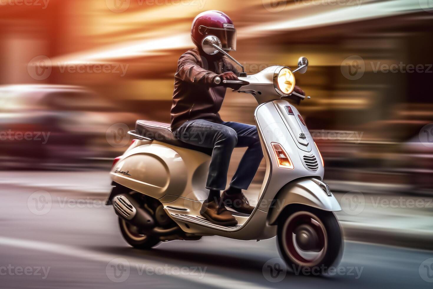 Male biker driving retro scooter at city street. Generative AI photo