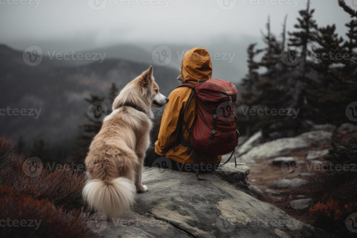mujer excursionismo con perro en montañas. generativo ai foto