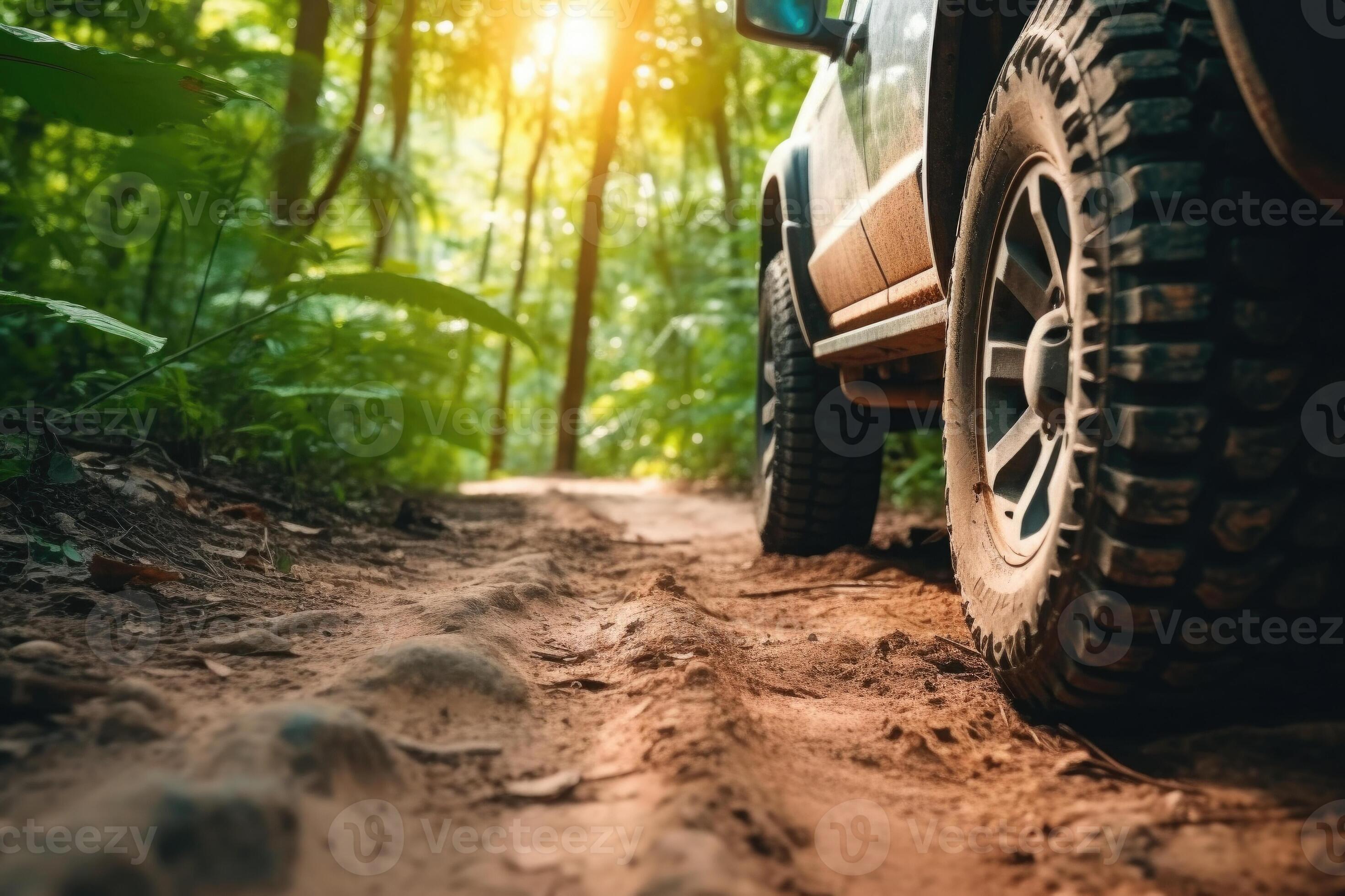 Four wheel drive SUV is driving on muddy road in jungle. 24594602 Stock