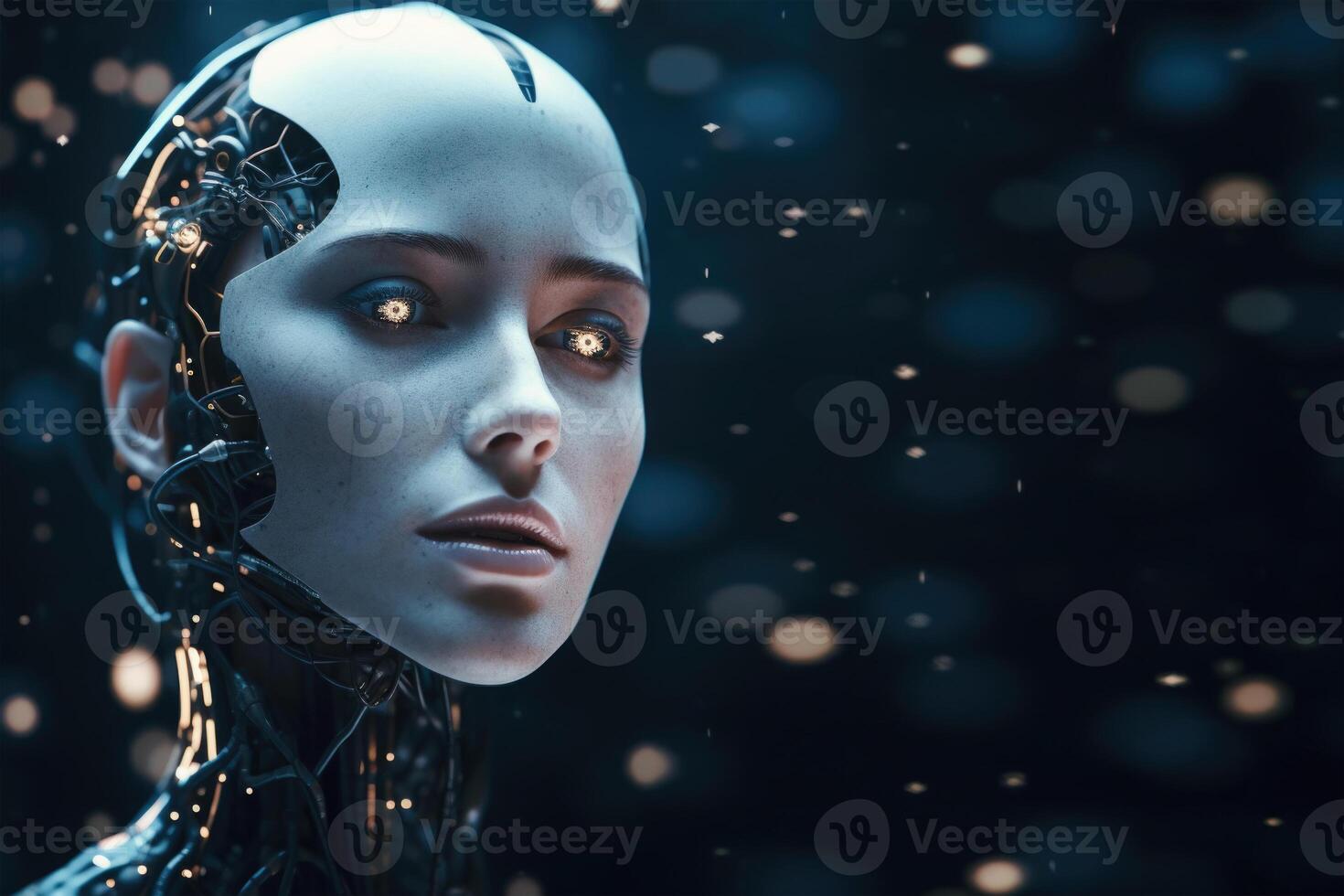 Female robot face on dark background. Artificial intelligence. photo