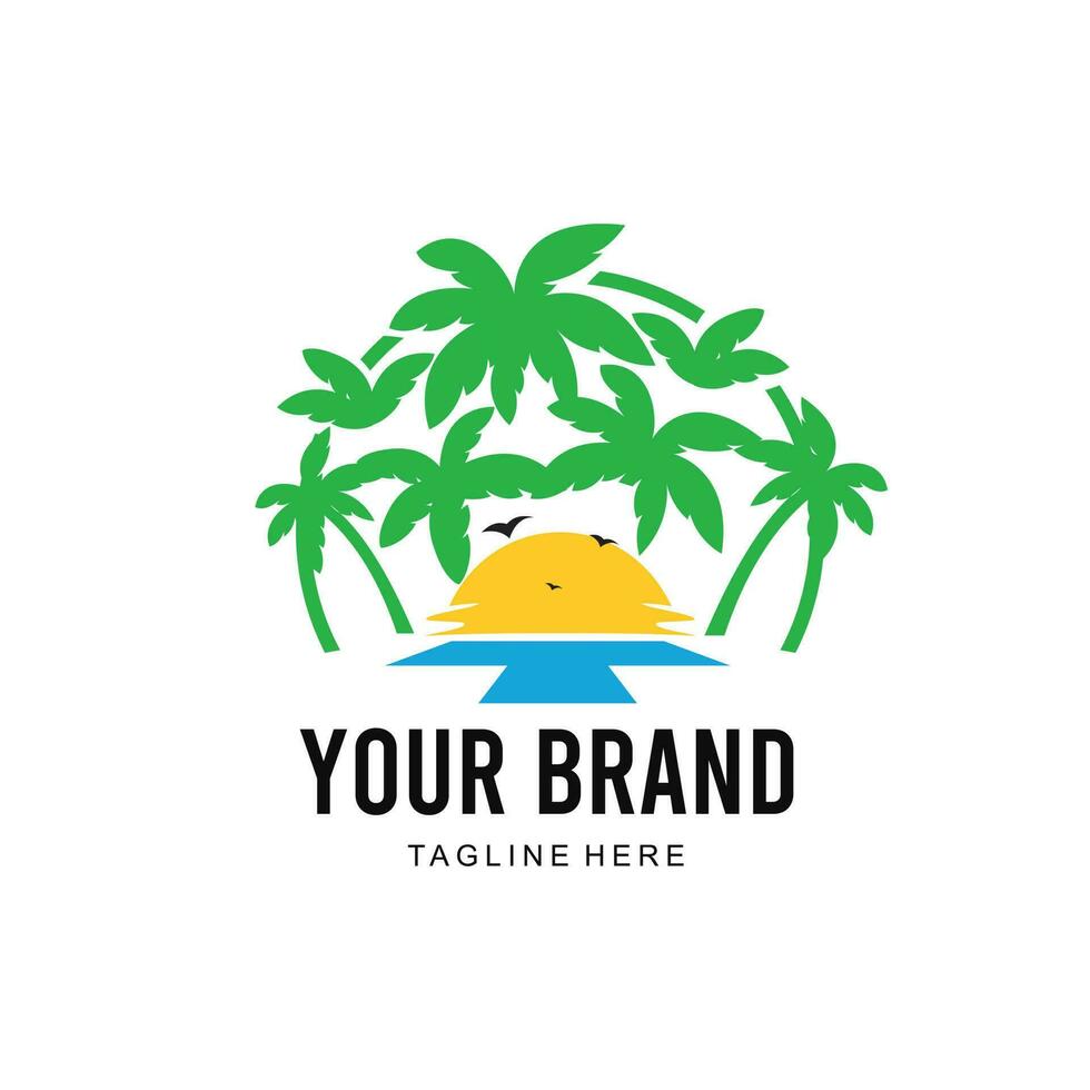 sun and beach logo with trees background vector