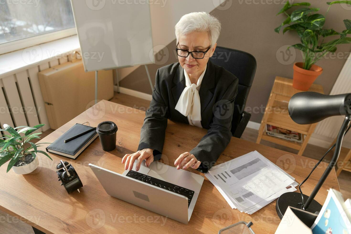 Confident stylish european middle aged senior woman using laptop at workplace. Stylish older mature 60s gray haired lady businesswoman sitting at office table. Boss leader teacher professional worker. photo