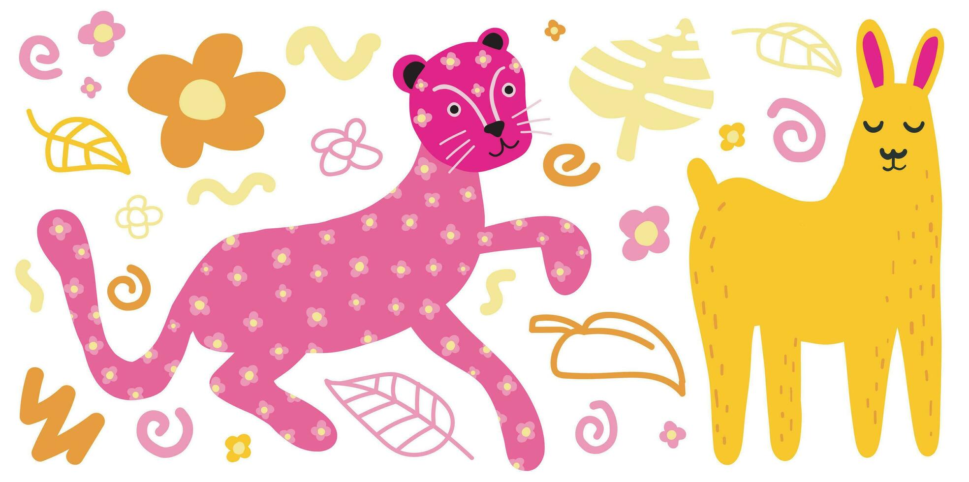 rosado leopardo amarillo lama dibujos animados vector estilo equipo, plano conjunto aislado en blanco, verano infantil niños fiesta diseño elementos